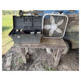 Wooden work table, toolbox with misc content,