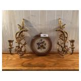 Needlepoint and plastic syroco wall sconces