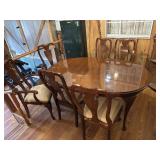 Dining table w 6 chairs (one w damage) & 2 leafs