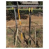 Post hole digger, garden rake, sling blades