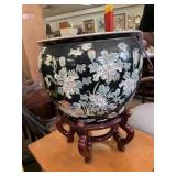 FISH BOWL PLANTER W/ WOOD STAND - HAS AGE CRACKS