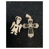 STERLING & JEWELED CROSS PENDANT AND ANGEL
