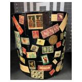 PAPER MACHE STAMP COVERED WASTEPAPER BASKET 10.25