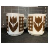 2 VINTAGE MILK-GLASS BROWN TULIP & GINGHAM COFFEE