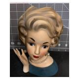 6 ' VINTAGE TEAL LADY HEAD VASE W/ PEARL NECKLACE