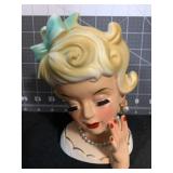 6.5 ' VINTAGE RUBENS HEAD VASE W/ BLUE BOW &