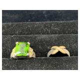 2 STERLING SILVER RINGS - 1 W/ GREENS STONES - SZ
