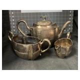 ANTIQUE SILVER PLATE TEAPOT, CREAM & SUGAR