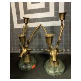PAIR OF BRASS AND MARBLE STAG CANDLEHOLDERS 8.75