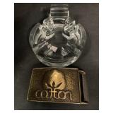 BRASS COTTON PRODUCERS BELT BUCKLE & GLASS