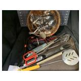 LOT OF GRILLING UTENSILS AND VINTAGE FLATWARE