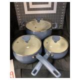 3 TASTY BLUE PANS W/ GLASS LIDS