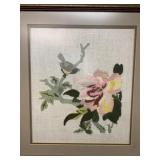 VINTAGE FRAMED CREWEL BIRD & FLOWER ARTWORK -