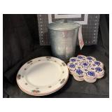 3 TILE TRIVETS, 2 PLATES AND ICE BUCKET