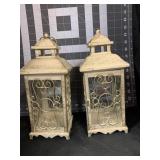PAIR OF METAL AND GLASS CANDLE LANTERNS 10.5 X