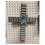GALVANIZED TIN CROSS W/ BLUE METAL FLOWER - 14.5