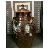 ARTIST SIGNED BROWN POTTERY JAR WITH LID 12 '