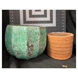 TERRA COTTA & GREEN GLAZED FLOWER POTS