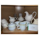 White creamer pots, milk glass bowl, sugar pot