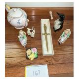 Bone china flower, teapot, figurines letter opener