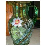 Painted green glass pitcher and glass bowl