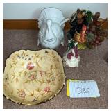 Turkeys and decorative bowl