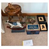 small stool, antique book, Tobacco tin