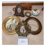 Oval Picture frames, desk clock, tin