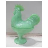 8.5" Tall Jade Green Glass Rooster Dish 8.5" Tall Jade Green Glass Rooster Dish