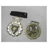 Two Brass Bridle Medallions & Ribbon Piece Two Brass Bridle Medallions & Ribbon Piece