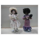 Two 18" Tall Porcelain & Plastic Dolls On Stands Two 18" Tall Porcelain & Plastic Dolls On Stands