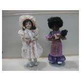 Two 18" Tall Porcelain & Plastic Dolls On Stands