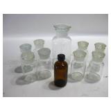 Ten Glass Bottles W/Stoppers & Lid Tallest 7"