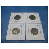 Four 1916-1918 Buffalo Head Nickels