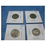 Four 1913-1915 Buffalo Head Nickels