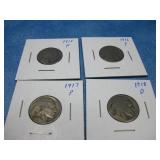 Four 1915-1918 Buffalo Head Nickels