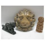 6" Plaster Lion Head, Carved Dragon & Statue