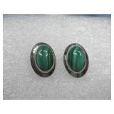 Silver Malachite Clip Earrings Unmarked