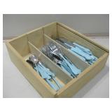 12"x 13"x 4" Wood Tray W/Painted Flatware