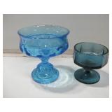 Two Vintage Blue Glass Compotes 5" Tallest