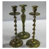 Three Vintage Brass Candle Stick Holders 10" Tall