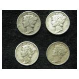 Four 1939-D Mercury Dimes -  Denver Mint