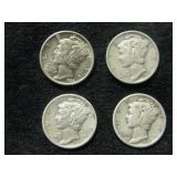 Four 1939-S Mercury Dimes - San Francisco Mint