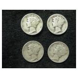 Four Assorted Date Mercury Dimes As Shown