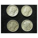 Four 1937-S Mercury Dimes - San Francisco Mint