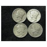 Four Assorted  Mercury Dimes As Shown