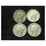 Four Assorted Date Mercury Dimes As Shown