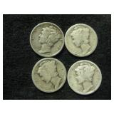 Four Assorted Mercury Dimes - Denver Mint