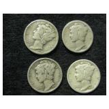 Four Assorted Date Mercury Dimes As Shown