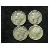 Four Assorted Date Mercury Dimes As Shown